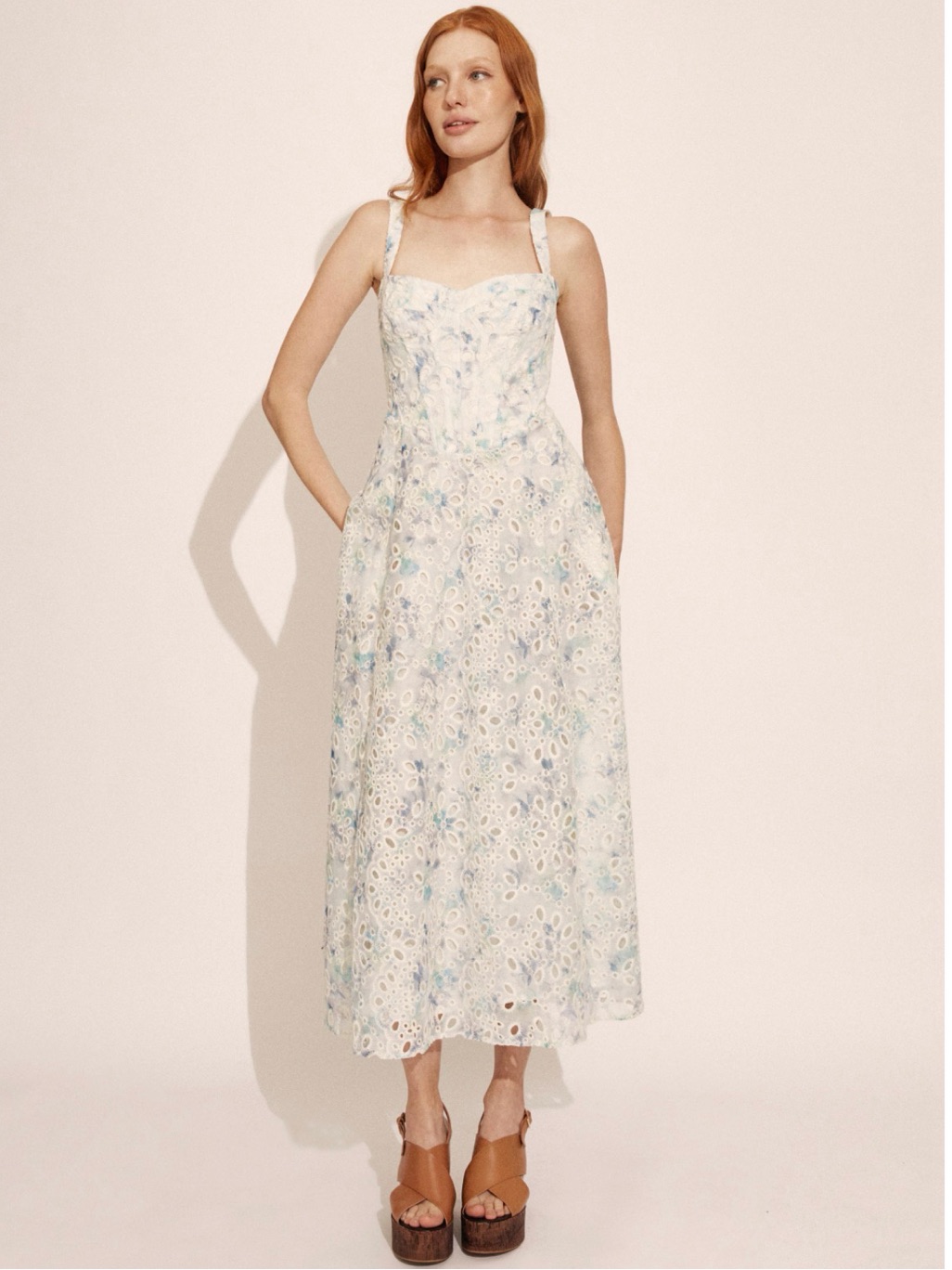 Bardot Adaline Broderie Midi Dress White & Blue